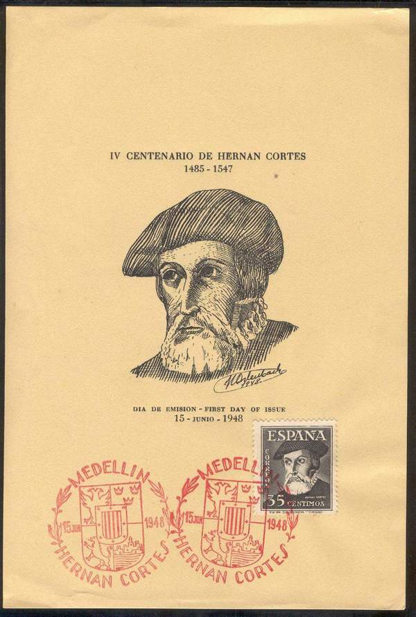 Matasello del primer día de emisión del sello de Hernán Cortés.