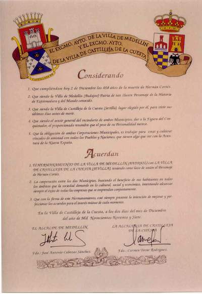 Pergamino que entregó el Ayuntamiento de Medellín al Ayuntamiento de Castilleja de la Cuesta. (2 de Diciembre de`97)