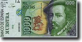 anverso del billete español de mil pesetas, con la efigie de Hernán Cortés.
