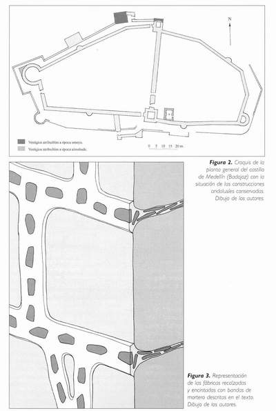 2. Croquis de la planta general del castillo. ·. Representación de las fábricas recalzadas y encintadas con bandas de mortero descritas en el texto.