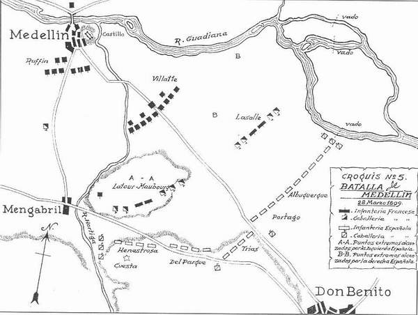 Croquis de la Batalla de Medelln, basado en el publicado por Gmez de Arteche en su "Guerra de la Independencia".