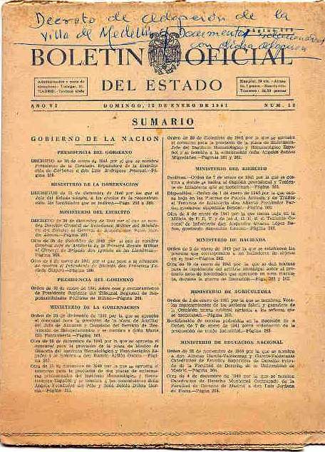 Sumario del B.O.E del 12 de Enero de 1941en el que S.E. el Jefe del Estado adopta a  la Villa de Medellín. (Cortesía del Excmo. Ayuntamiento de Medellín)
