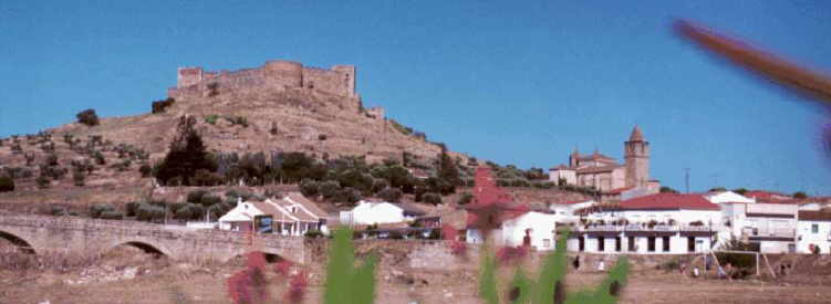 MEDELLN. Vista desde la playa fluvial: castillo, Iglesia de San Martn y Puente sobre el Guadiana. (1995)