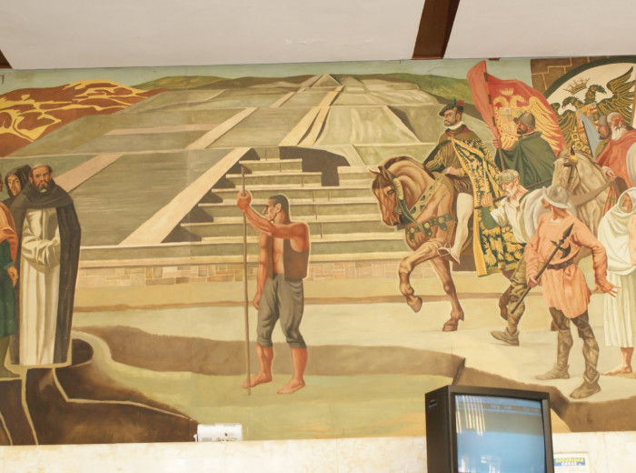 Detalle del mural en el que se representa Cortés