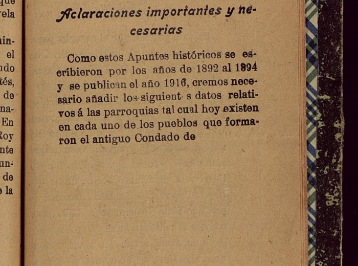 Página donde se detallan los años en que se escribieron estos Apuntes y el año de publicación de este ejemplar completo conocido.