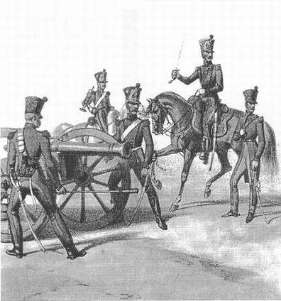 Artillería de campaña francesa entrando en posición de disparo. (Litografía anónima francesa, 1810; R&D, nº 14: 86)