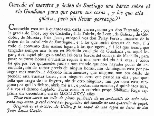 Concesión de una barca  a la Orden de Santiago. (Memorias para la vida del Santo Rey Fernando III. Madrid, 1800: 492)