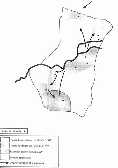 Expansin de la colonizacion en el trmino de Medelln. (Bernal Estvez, 1998)