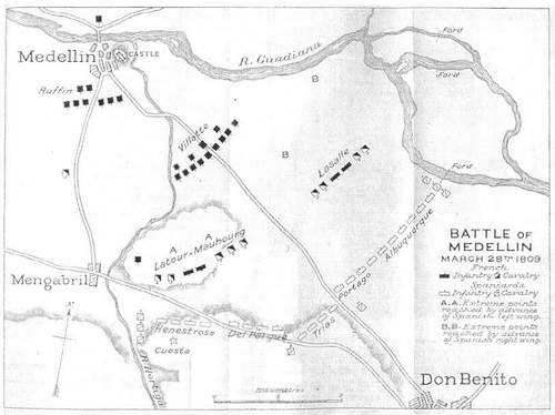 Plano de la batalla de Medellín, similar al de Arteche, publicado por el Instituto geográfico de Oxford. (R&D nº 14: 97)