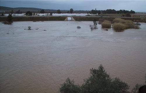 Vista del ro Ortigas, en su desembocadura, y de la carretera de circunvalacin. Fotografa, gentileza de Alex: (www.eltiempo.es/fotos/en-provincia-badajoz/rio-guadiana-en-medellin.html )