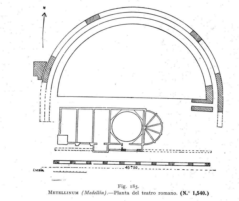 Planta del Teatro Romano de Medelln. La Iglesia de Santiago fue edificada ocupando parte de la "scaena". (R. Mlida, 1907-1910)