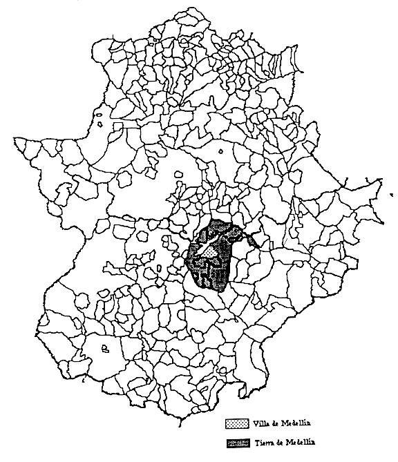 Mapa de la "Comunidad de Villa y Tierra de Medellín". Siglo XVI (Rodriguez Cancho, 1989)