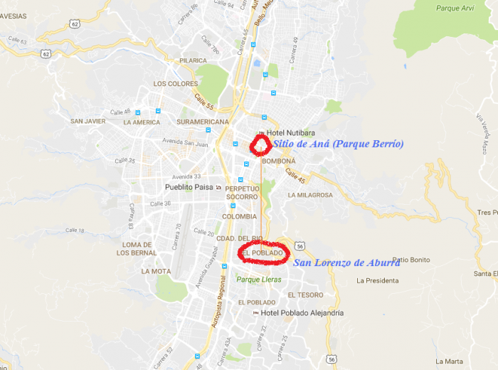 Plano de Medellín (Co), indicando los dos puntos donde nació la ciudad.