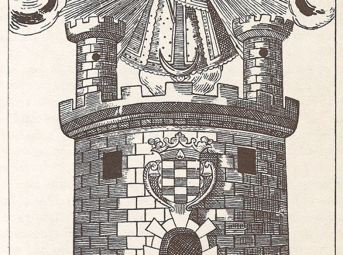 Una de las interpretaciones del escudo, dibujado según la Real Cédula de 1678.