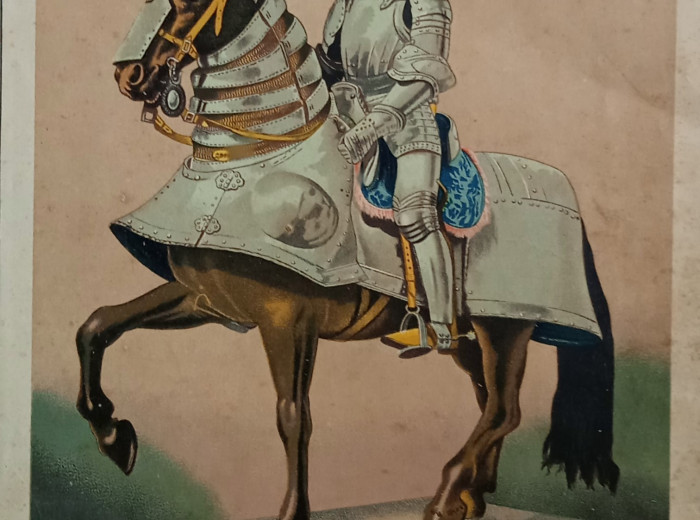 ''Armadura de Hernán Cortés, existente en la Armería Real''. Litografía de Palacios (Arenal, 27. Madrid)