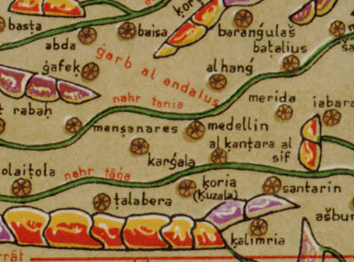 Detalle de la Tabula Rogeriana de la zona de Extremaduracargado por Roger II a Al-Idrisi