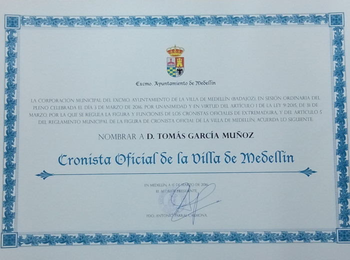 Acreditación de Cronista Oficial de la Villa de Medellín.