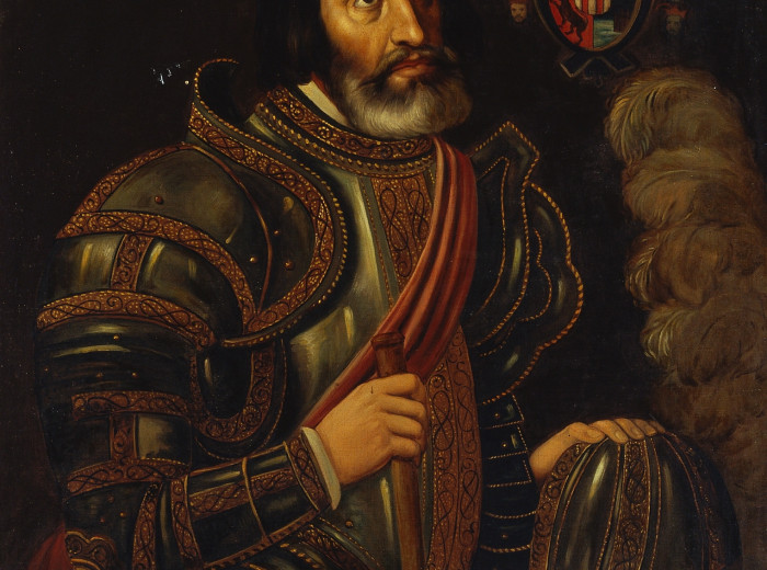 Célebre retrato de H. Cortés con su mano izquierda sobre el 