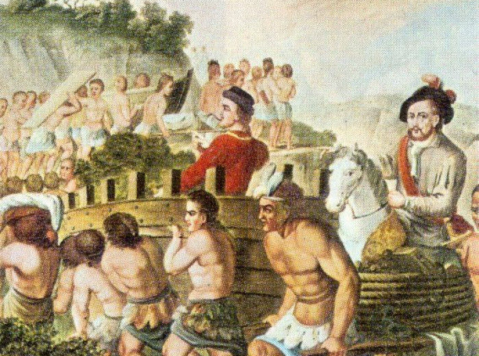 Gonzalo de Sandoval trasladando los bergantines desde Tlaxcala a Tenochtitlán