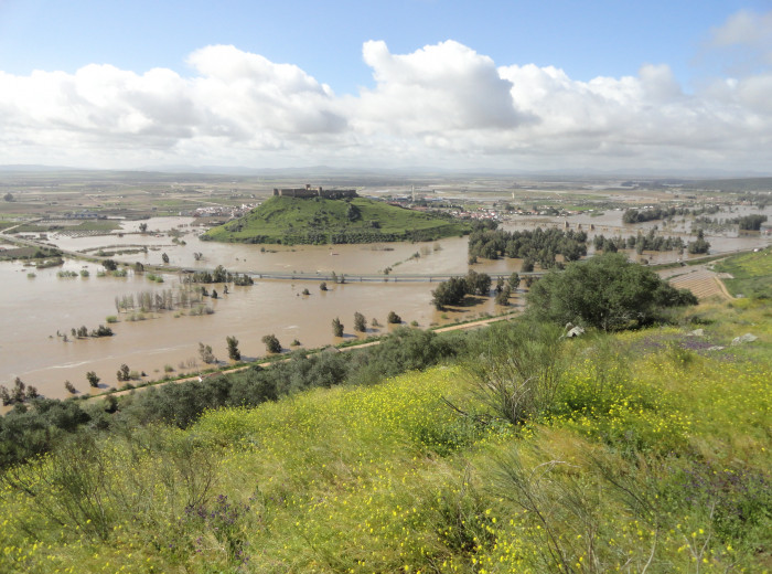 Vista del cerro del castillo rodeado por la crecida del Guadiana  del Ortiga. (3/4/2013)